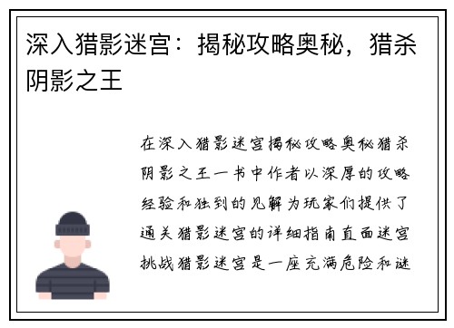 深入猎影迷宫：揭秘攻略奥秘，猎杀阴影之王